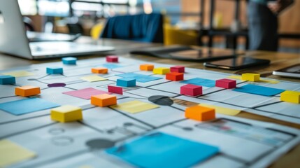 A detailed process diagram displayed on a tablet in a business setting.