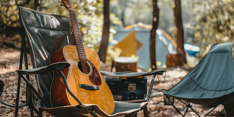 A guitar is sitting on a chair in a forest. The chair is next to a tent and a backpack. The scene is peaceful and serene, with the guitar adding a touch of music to the natural setting