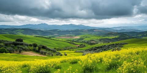 Fototapeta premium A field of yellow flowers with a cloudy sky in the background