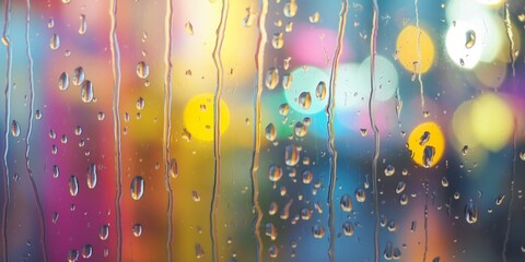 A window with raindrops on it and a blurry background. The raindrops are in different colors, creating a sense of movement and energy. The blurry background adds to the feeling of motion and chaos
