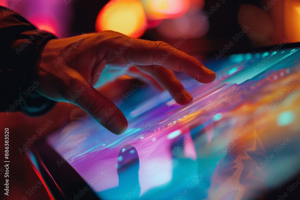 Poster a mans hand is interacting with the screen of a tablet computer, develop a responsive touch screen i