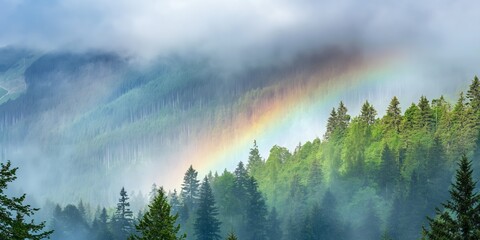 A rainbow is seen in the sky above a forest. The sky is cloudy and the trees are green