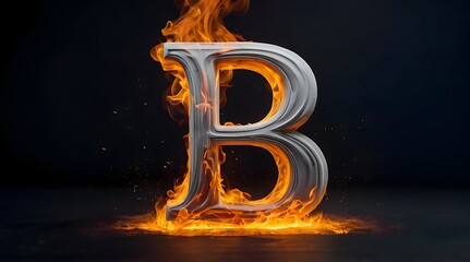 The letter B in 3D, in white color, it's on fire, there are yellow fire flames on it, it's burning, there is a lot of yellow and orange smoke around, smooth black background.
