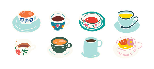 Set of hand drawn vintage coffee mug doodles. Breakfast tea cup illustration collection with retro floral pattern, fine china hot drink clip art bundle. Decoration element drawing, flat cartoon.