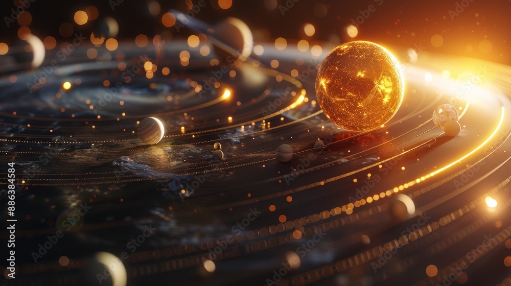Canvas Prints golden solar system with glowing planets.