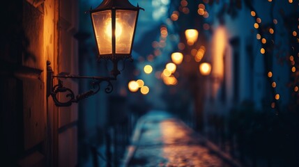 A Single Lit Streetlamp in a Dark European Alleyway