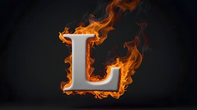 The letter L in 3D, in white color, it's on fire, there are yellow fire flames on it, it's burning, there is a lot of yellow and orange smoke around, smooth black background.