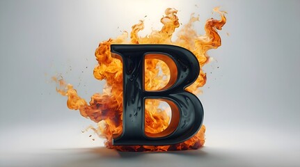 The letter B in 3D, in black color, it's on fire, there are yellow fire flames on it, it's burning, there is a lot of yellow and orange smoke around, smooth white background.