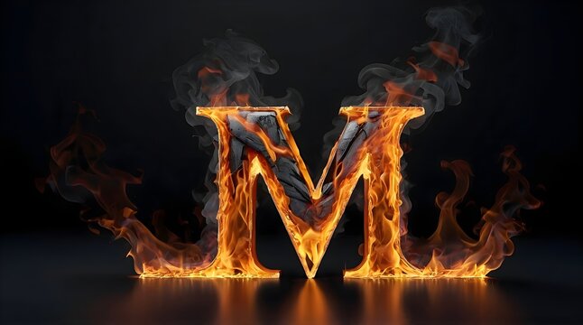 The letter M in 3D, in black color, it's on fire, there are yellow fire flames on it, it's burning, there is a lot of yellow and orange smoke around, smooth black background.