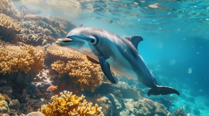 Naklejka premium A dolphin swimming gracefully near a coral reef, showcasing marine life diversity.