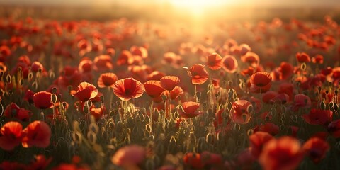 Obraz premium Poppies in the Field at Sunset. Concept Beautiful Sunset Scene, Flowers in the Field, Nature Photography, Serene Landscapes