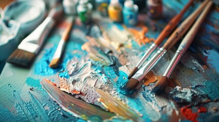 Paintbrushes on Palette with Colorful Paint.