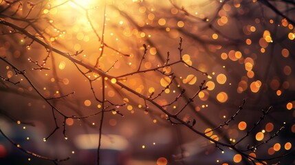 Golden Bokeh Through Tree Branches After Rain at Sunset
