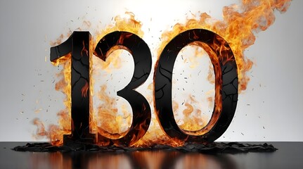 The number 130 in 3D, in black color, it's on fire, there are fire flames on it, it's burning, there is a lot of smoke around, smooth white background.