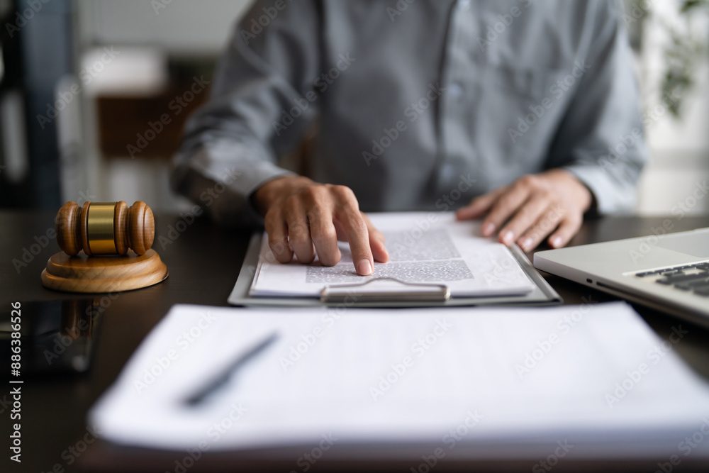 Poster lawyer or judge counselor reading a important legal contract documents in office