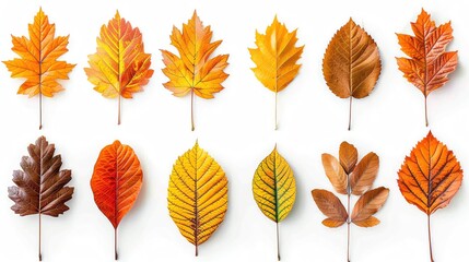 Fototapeta premium Golden autumn leaves set on solid white background