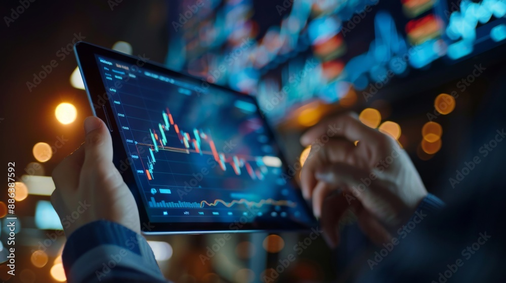 Fototapete a financial advisor explaining a stock market graph to a client using a tablet.