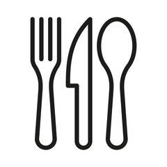 Tableware thin line icon set of fork, knife, spoon. Logotype menu. Cutlery and crockery sign. Flat style eating utensils symbol collection.