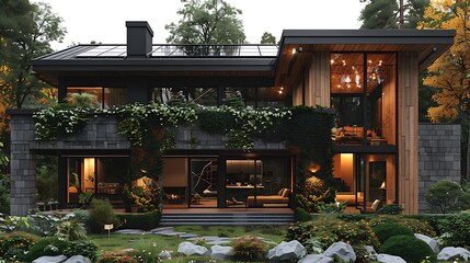 Modern house with wooden cladding and solar panels on the roof, illuminated at night.