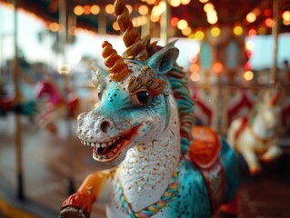 Colorful Carousel Unicorn with Lights in Background at Amusement Park