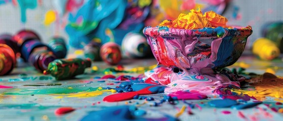 Fototapeta premium Vibrant Abstract Art with Colorful Paints and Brushes in Creative Studio Setting