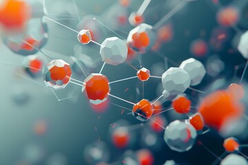 Detailed view of an orange and white molecule structure, Devise an engaging geometric design that reflects the concept of futuristic molecules