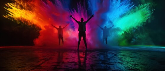 Vibrant Explosion of Colorful Powder with Silhouetted People Celebrating in Dark Background