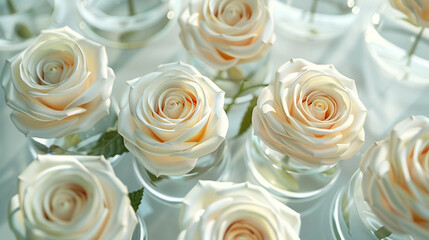 the aerial view of ivory roses delicately placed in flasks, their soft, neutral tones adding a sense of understated elegance and refinement to the minimalist setting.
