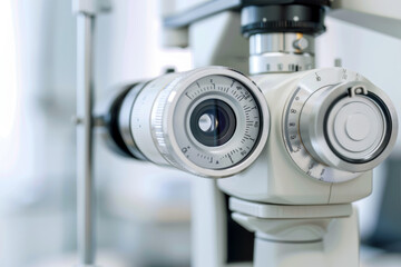 Fototapeta premium Poster with ophthalmology clinic equipment, selective focus