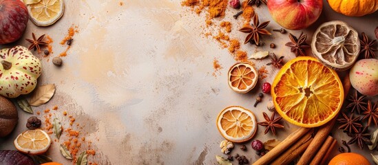 Fototapeta premium Seasonal backdrop featuring fall elements like fruits, spices, dried flowers, and room for text in a copy space image.