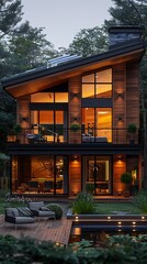 Obraz premium Modern house with wooden cladding and illuminated solar panels on the roof.