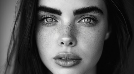 Fototapeta premium Close-Up Black And White Portrait Of A Woman With Freckles