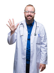 Fototapeta premium Young caucasian doctor man wearing medical white coat over isolated background showing and pointing up with fingers number five while smiling confident and happy.