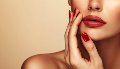 Fototapeta premium Glamorous Close-Up of a Woman's Red Lips and Nails Highlighting Elegance and Beauty in Soft Lighting