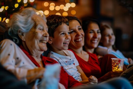 Various family members of different ages sitting on a couch, enjoying a Christmas movie together, Different generations of a family sharing laughs and snacks while enjoying a movie