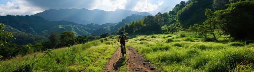 Cyclist Enjoying a Scenic Ride Through Lush Green Hills and Mountains Under a Dramatic Sky
