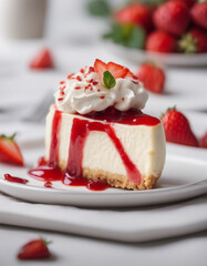 creamy cheesecake with a strawberry topping on a white porcelain plate
