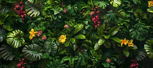 Lush Tropical Green Wall with Flowers
