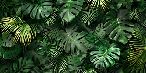 Tropical Leaf Wall - Monstera & Palm - Green Background
