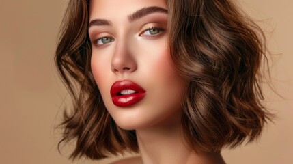 Fototapeta premium Close Up Portrait of a Woman With Red Lipstick and Wavy Brown Hair