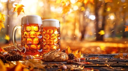 oktoberfest illustration, oktoberfest banner featuring bavarian snacks, beer mugs, and festive background for a traditional celebration