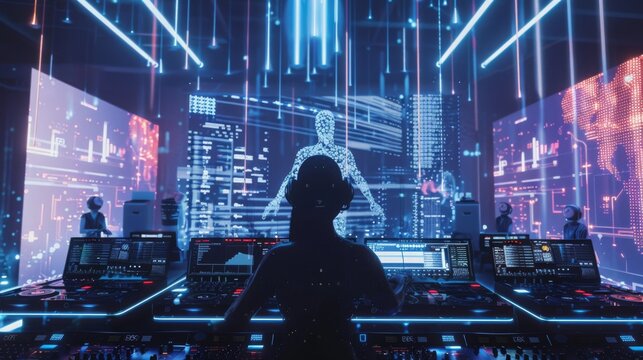 A person wearing headphones sits in a futuristic studio with neon lighting and multiple large screens displaying digital data. - Powered by Adobe