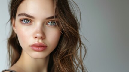 Naklejka premium Close-Up Portrait of Young Woman With Long Brown Hair and Blue Eyes