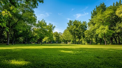 A serene park scene with lush green grass and trees, featuring a clear blue sky and no plastic waste in sight, symbolizing a clean environment.