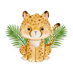 Watercolor Cheetah sitting in leaf wreath. Safari baby animal for wall art, nursery decorations, birthday invitations vector