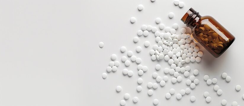 White pills and a medication bottle scattered on a white backdrop create a flat lay background with copy space image, highlighting the opioid epidemic.