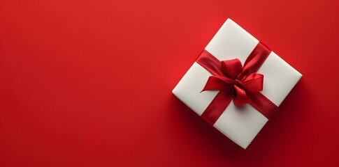 White Gift Box with Red Ribbon on Red Background