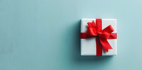 Fototapeta premium White Gift Box with Red Ribbon on Blue Background