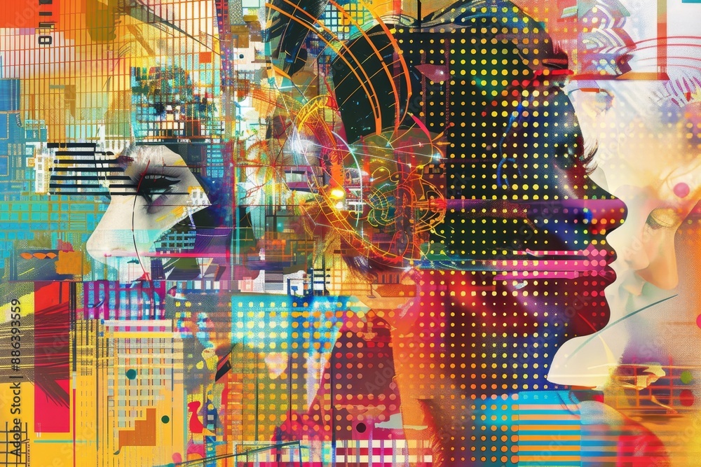 Poster a digital fusion of various elements creating an abstract representation of a womans face, digital f