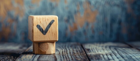 Naklejka premium Wooden block with check mark symbol for business surveys and questionnaires with copy space image.